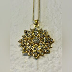 Vintage Gold Tone Floral Pendant Necklace with Rhinestone Accents